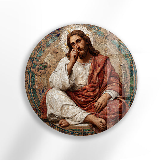 Round glass wall art of Jesus with beard and halo plus mosaic art and religious interiors wall decor