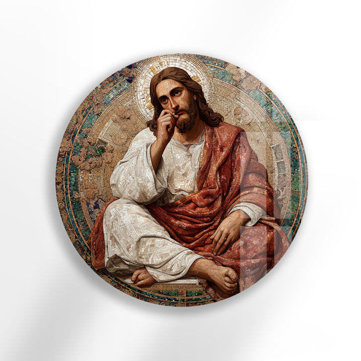 Contemplative Christ Mosaic – Round Glass Wall Art