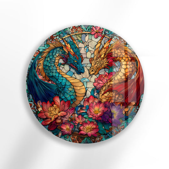 Spiraling organic forms of a dual dragon in stained round glass wall art create captivating home decor, entwined with blossoms in an opulent design.
