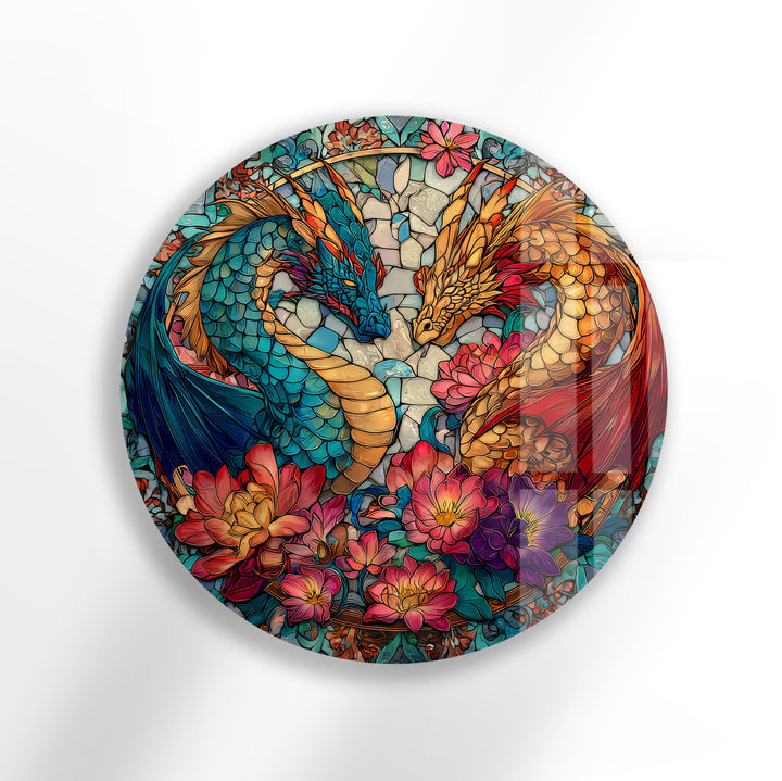 Dual Dragon Stained – Round Glass Wall Art
