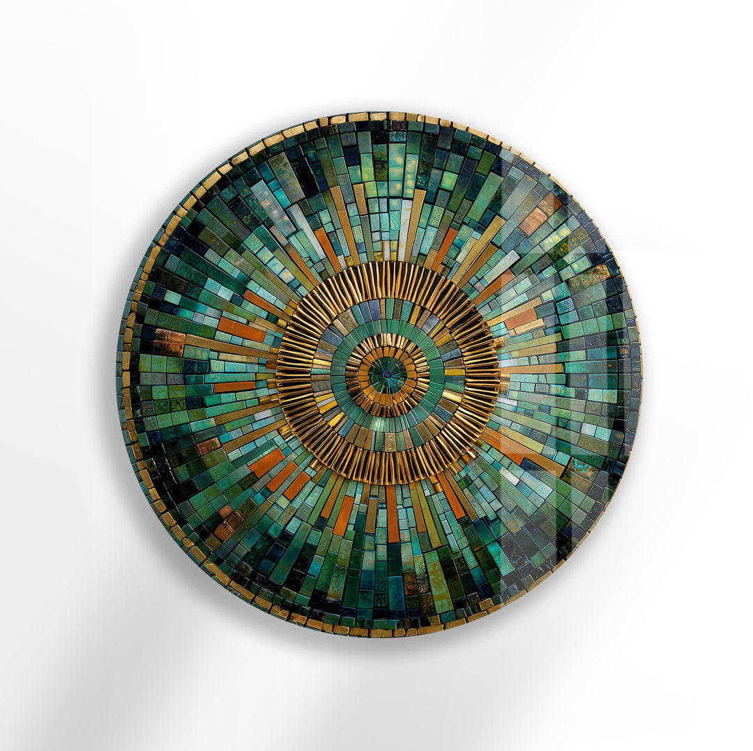 Emerald and gold mosaic round glass wall art
