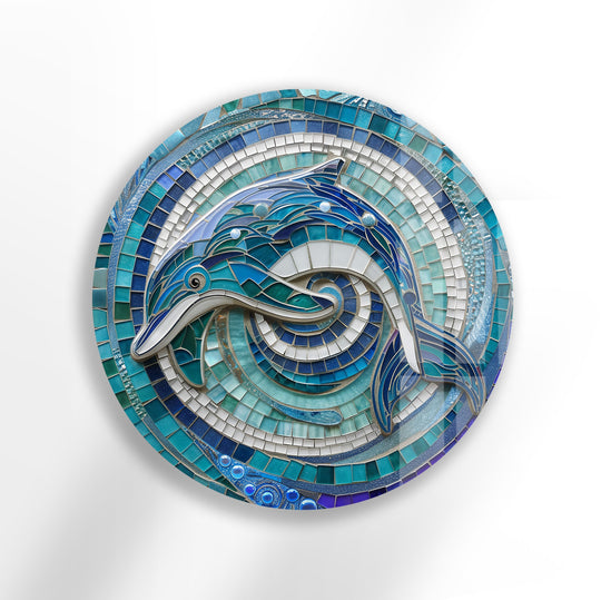 Dolphin mosaic round glass wall art in ocean blue tones