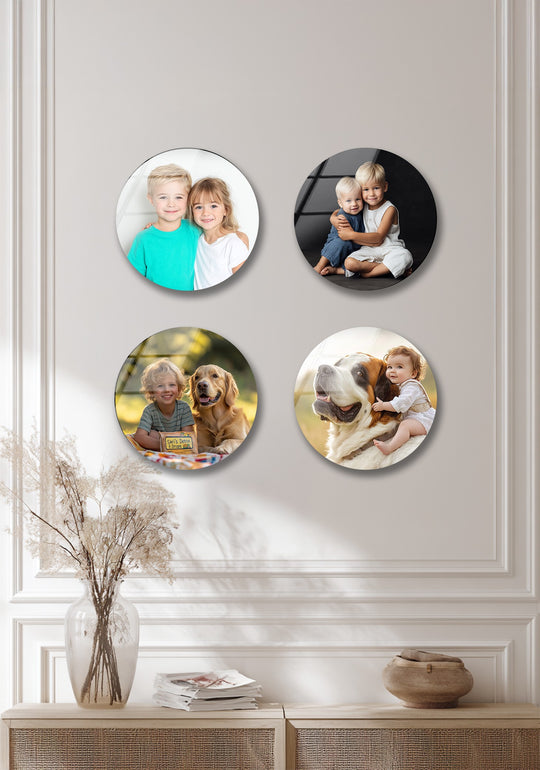 The round glass wall art shows family and pets in four custom prints and it is family themed wall decor creating cherished bonds on a wall
