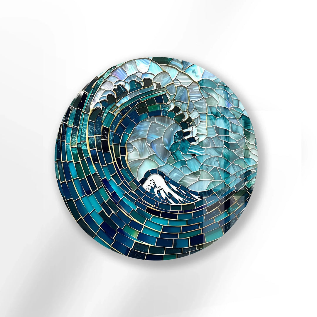 Deep Sea Wave Mosaic Round Glass Wall Art - MyPhotoStation