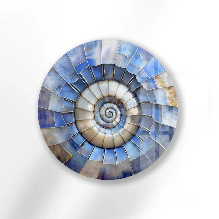 Ocean Spiral Shell – Blue & Sand Round Glass Wall Art - MyPhotoStation