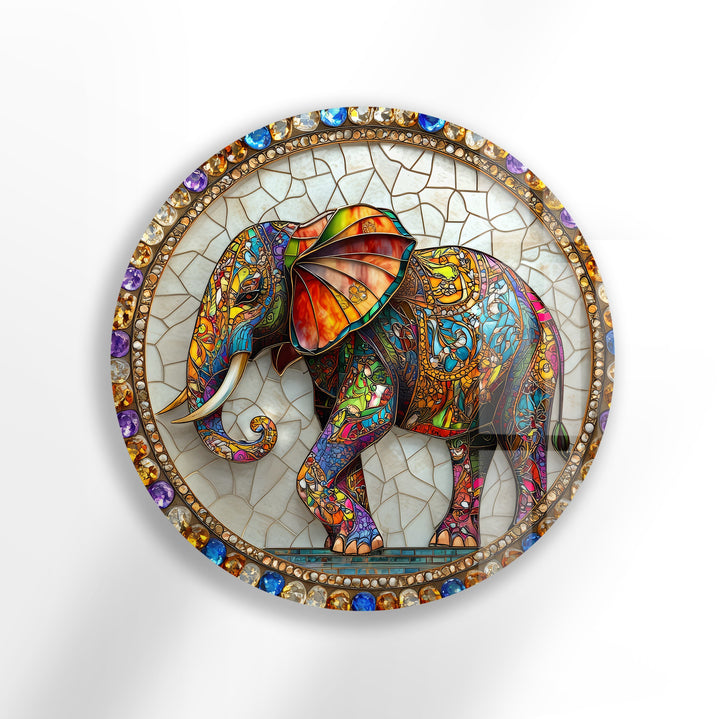 Regal Mosaic Elephant – Round Glass Wall Art