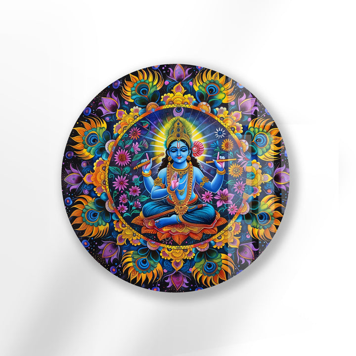 Vishnu mandala round glass wall art with blue and gold tones
