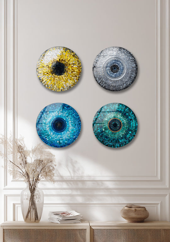 Round set is a mosaic glass wall art featuring an evil eye design and blue tones and it is a stylish modern décor