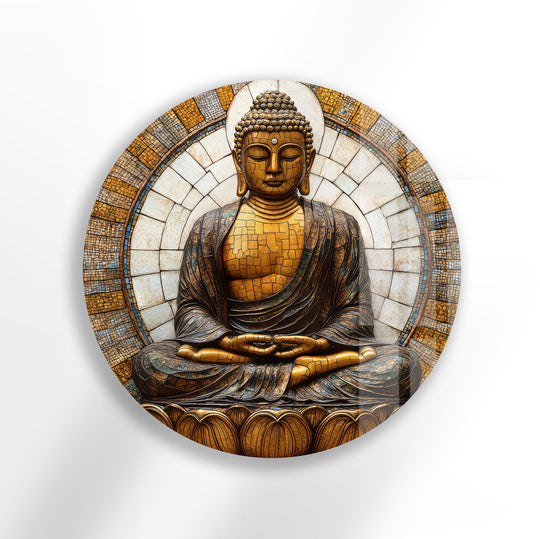 The realistic detail of this round glass wall art captures a golden Buddha mosaic with serene expression, enhanced with exquisite glass wall artwork.