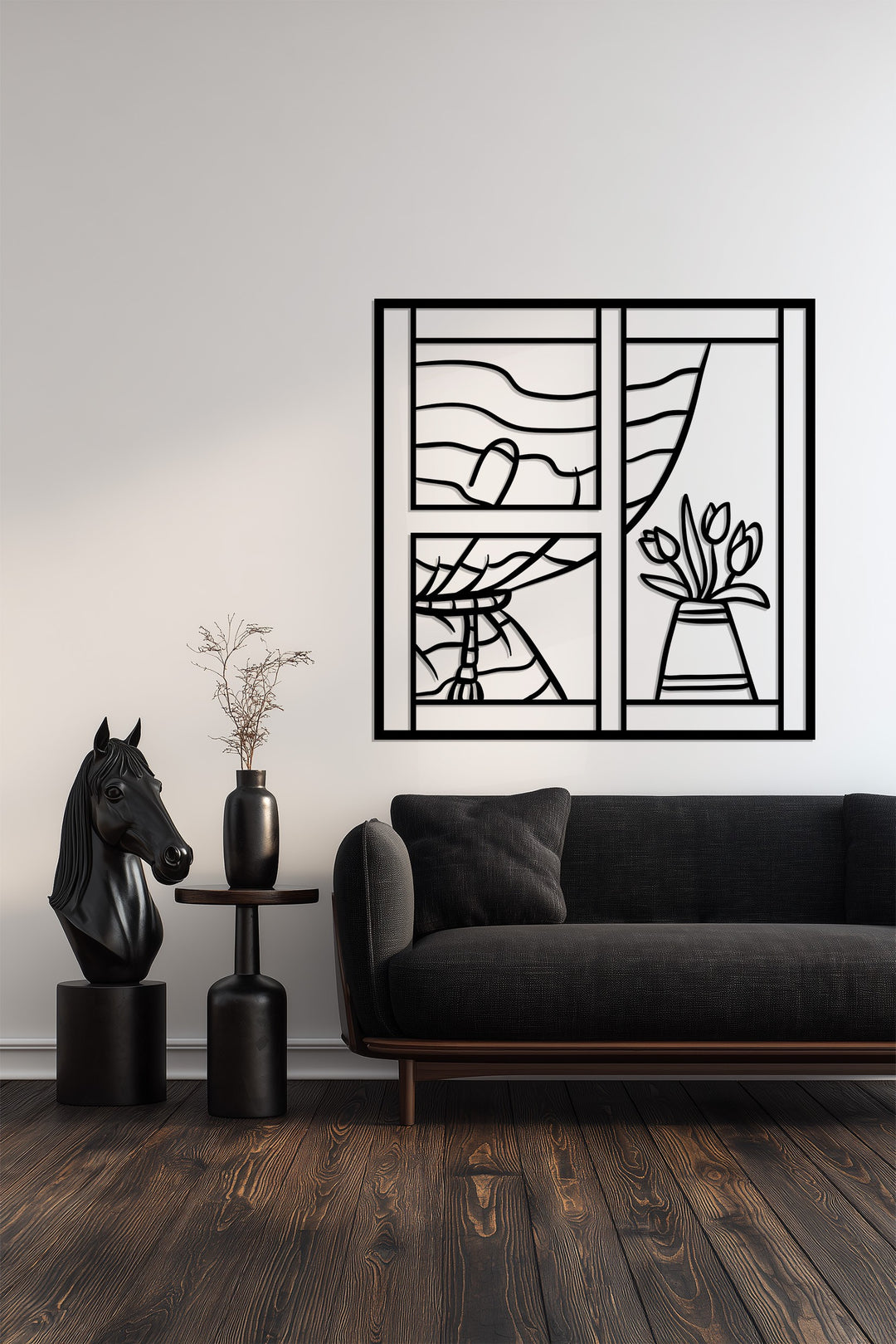 Window with Tulips – Elegant Floral Metal Wall Art