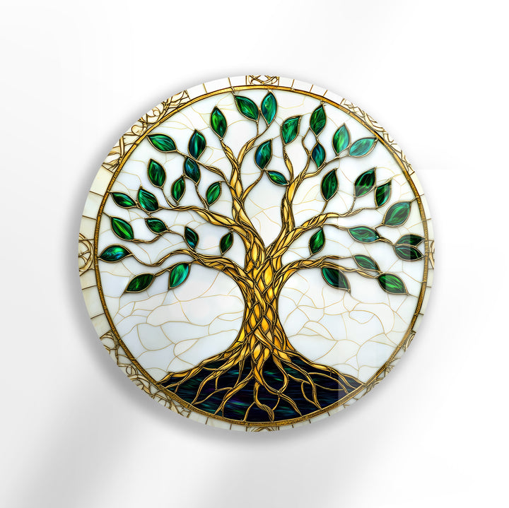 Golden Roots of Harmony – Round Glass Wall Art