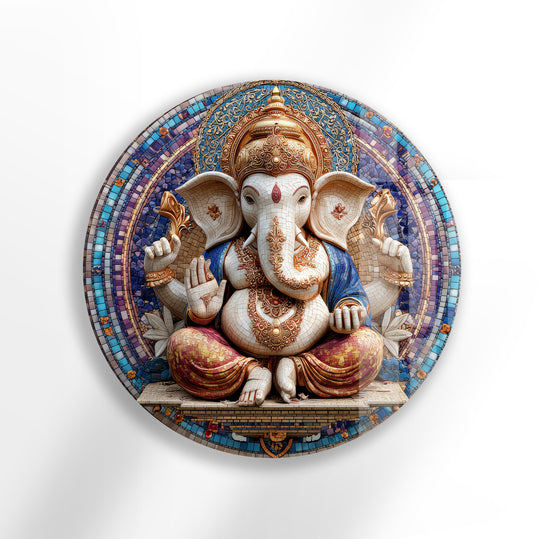 Round glass wall art Divine Ganesha mosaic with gold and blue plus Lord Ganesha glass wall art and decorative interior art
