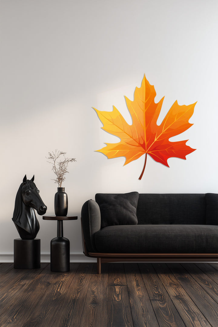Highlighting its geometric elements, the golden autumn maple leaf metal wall art displays a striking composition of sharp angles and smooth curves, offering decorative metal art.