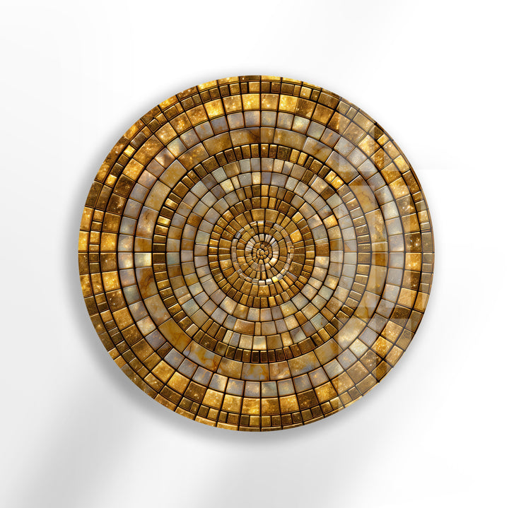 Golden Shimmering Mosaic – Round Glass Wall Art
