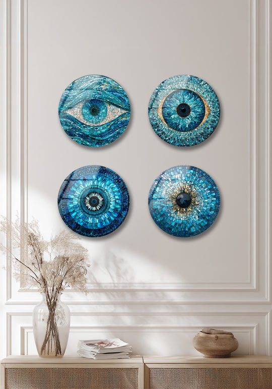 This set of round glass wall art shows blue mosaic evil eyes and is modern decor in protective blue tones perfect for peaceful interiors