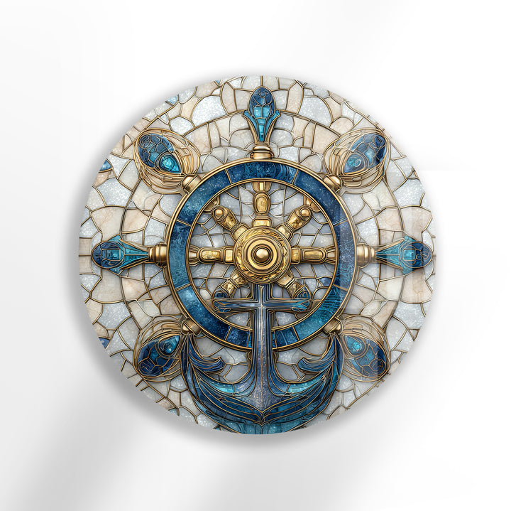 Golden Helm & Anchor Harmony – Round Glass Wall Art