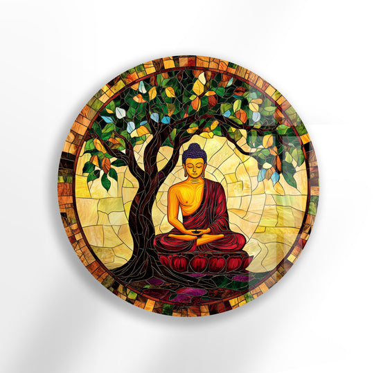 Balanced by the negative space, this round glass wall art shows a Bodhi tree encircling Buddha in meditation, forming unique wall prints.