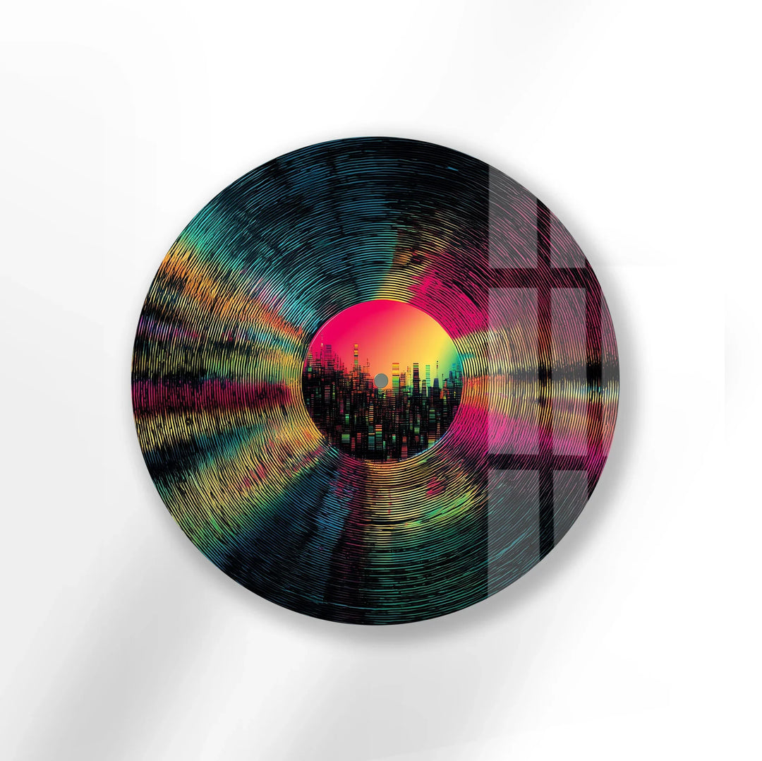 Neon Vinyl Cityscape – Round Glass Wall Art - MyPhotoStation
