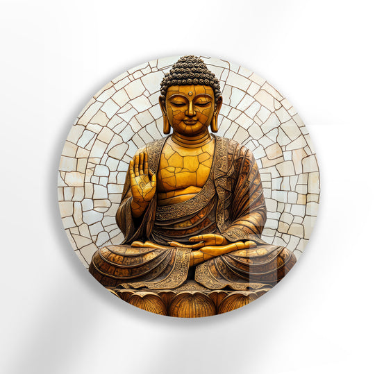 Subtle undulations ripple through the golden Buddha's robe and serene expression in this round tempered glass wall art, suggesting calm movement in meditation.