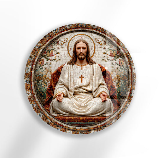 Round glass wall art depicting Christ the Redeemer mosaic figure in ivory robes and mosaic tile plus religious art piece for prayer rooms