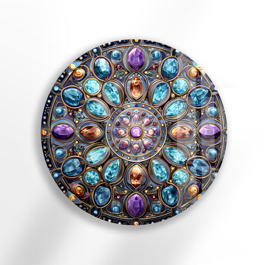 Masterfully crafted round glass features high-quality gemstone designs and an intricate mandala, offering a captivating home decor piece.