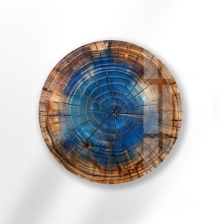Blue wood texture round glass wall art for modern interiors