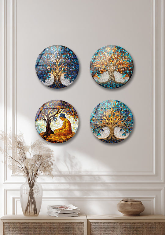 The round glass wall art set features blue and gold trees and symbolizes harmony and life making it a luxurious trees wall art set Golden Harmony themed