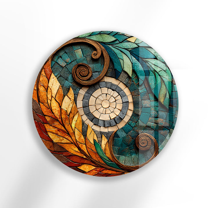 Solar Leaf Harmony – Round Glass Wall Art
