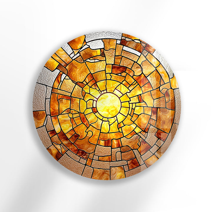 Amber Solar Burst – Round Glass Wall Art