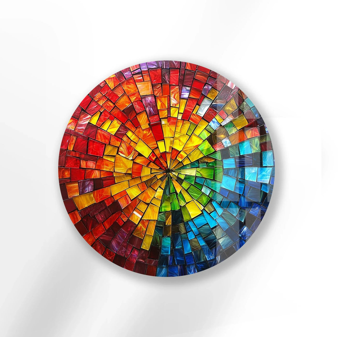 Against the white background, the solar prism mosaic round glass art appears as a vibrant focal point, offering colorful wall prints with a stunning radial design.