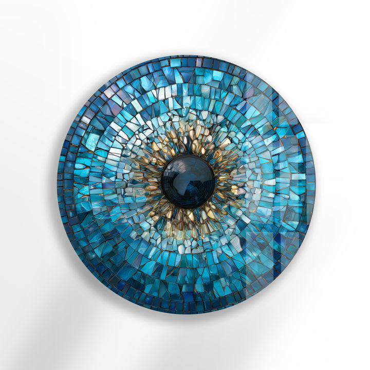 Golden Blue Mosaic Evil Eye – Round Glass Wall Art