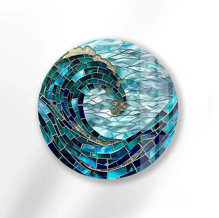 Golden Crest Wave Mosaic Round Glass Wall Art - MyPhotoStation
