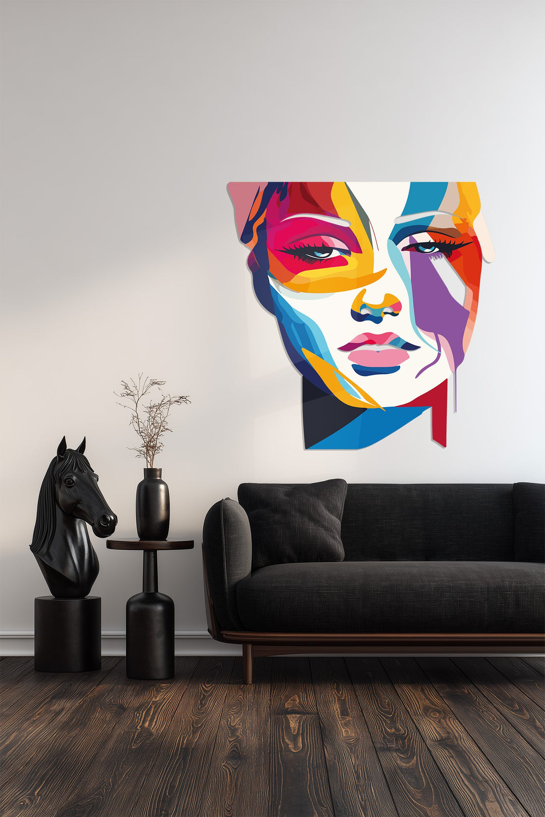 Bold artistic woman metal wall sculpture with vivid color tones