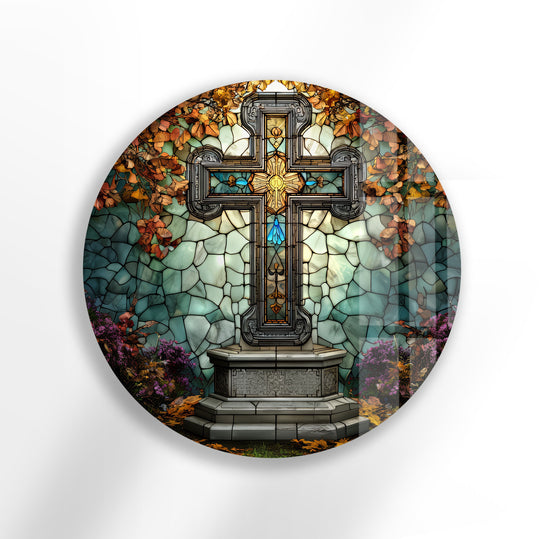 The stillness of the stained glass cross in the garden is captured in this round glass wall prints art, a serene scene of faith.