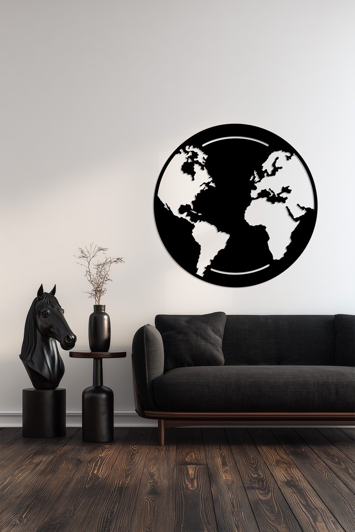 Featuring a round silhouette, this global unity world map metal artwork showcases geometric continents and a minimalist globe design, offering a modern and eye-catching print wall art piece.