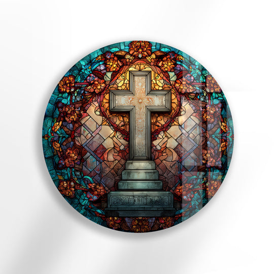 Layered with intricate floral details, this round glass print wall art showcases a cross above steps, creating a stunning and deeply symbolic scene.