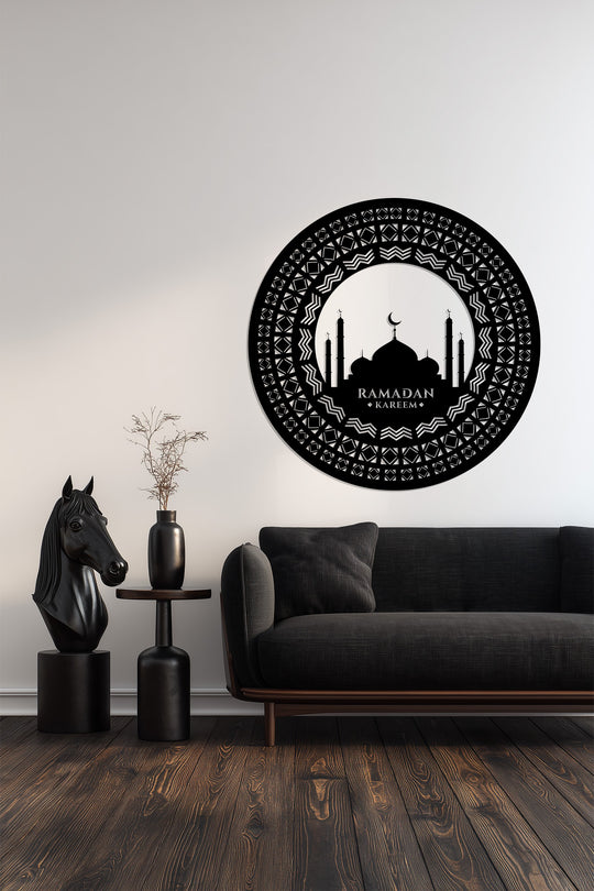 Highlighting the abstract quality, this decorative metal art showcases a circular Ramadan Kareem silhouette with geometric patterns, adding an artistic and modern touch to the mosque design.