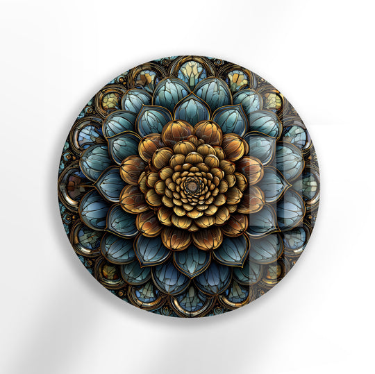 Featuring a complex and artistic design, this golden mandala bloom round glass wall art exemplifies high material quality with its durable tempered glass wall art.