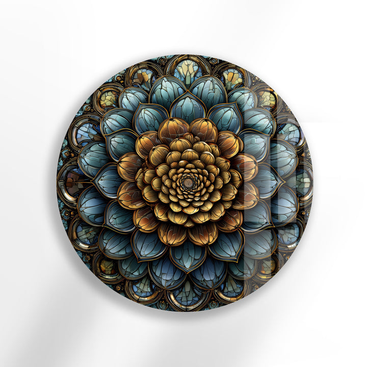 Golden Mandala Bloom – Round Glass Wall Art