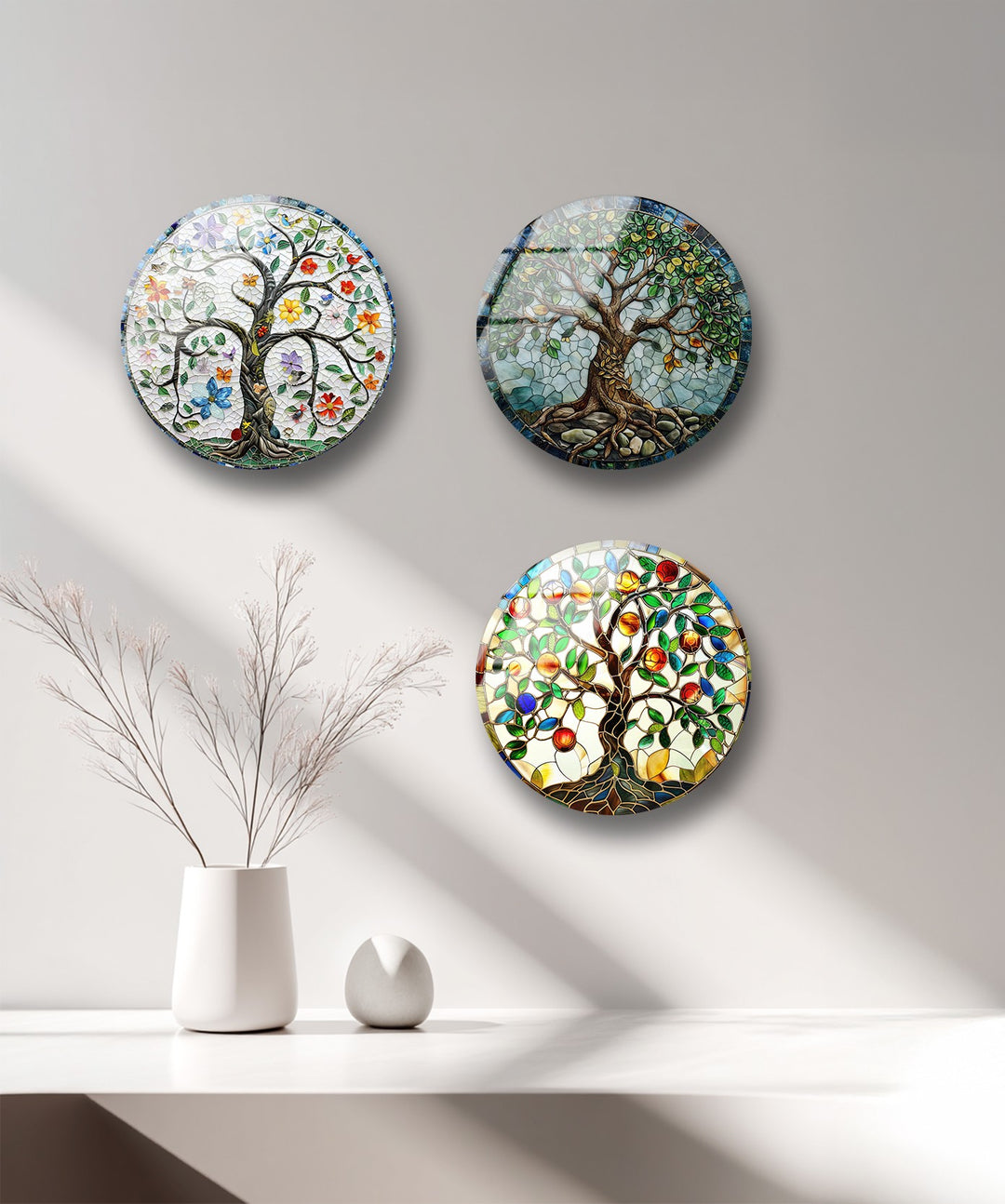 Colorful Mosaic Tree of Life Round Glass Wall Art Set – Boho Nature-Inspired Decor