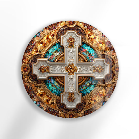 Flowing, organic forms intertwine throughout the Imperial Cross mosaic, a round glass wall artwork radiating spiritual elegance with jeweled and gilded accents.