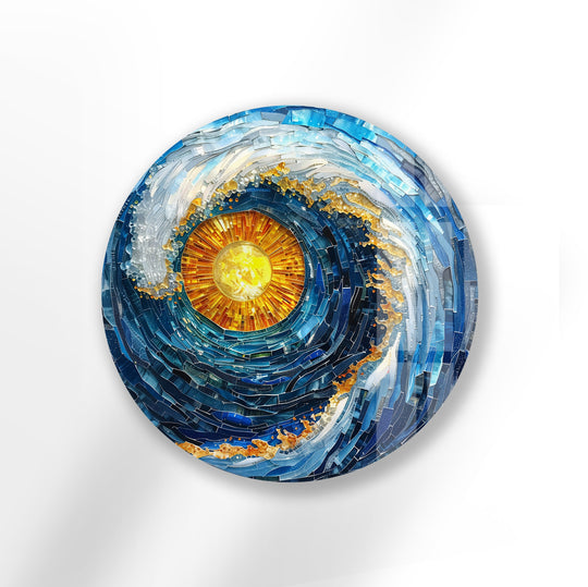Blue ocean wave mosaic glass wall art with golden sun center
