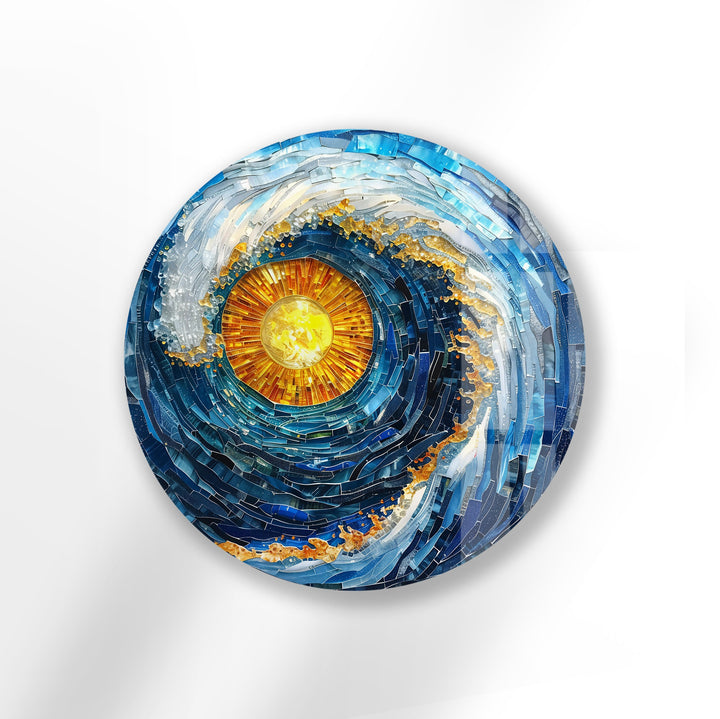 Blue ocean wave mosaic glass wall art with golden sun center