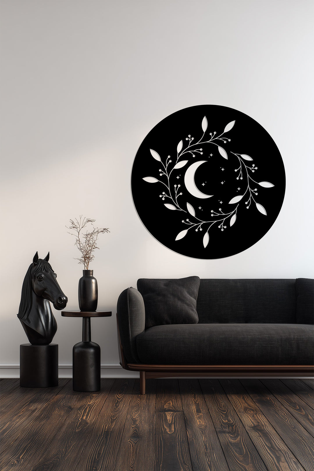 Black round moon metal wall art