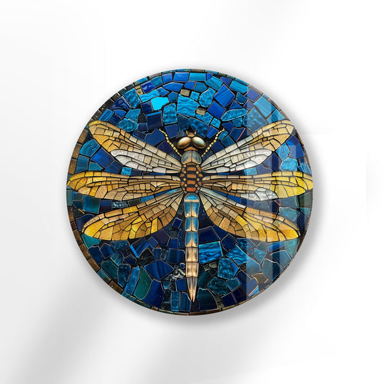 Golden dragonfly mosaic round glass wall art in blue tones