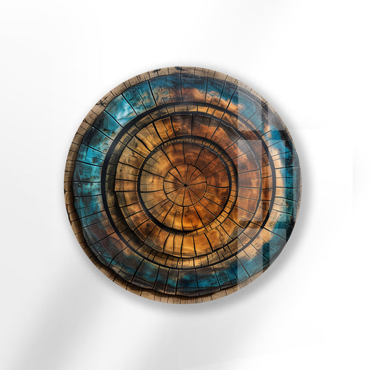 Rustic wood texture round glass wall art with turquoise details