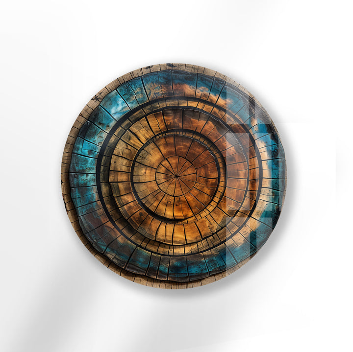 Rustic wood texture round glass wall art with turquoise details