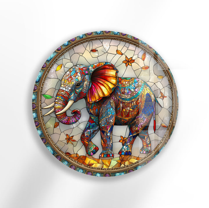 Majestic Mosaic Elephant – Round Glass Wall Art
