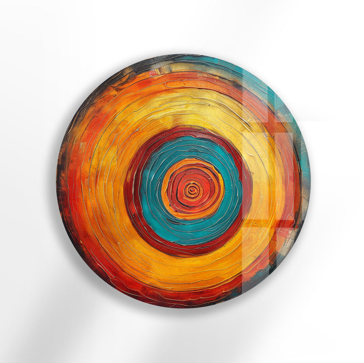 Vibrant orange and turquoise round glass wall art