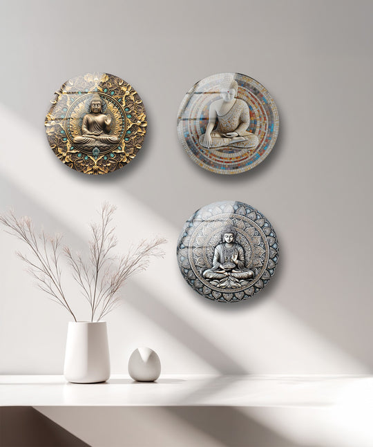 The round set is Buddha mandala round glass wall art and zen spiritual décor and enlightenment glass wall art with tranquil design in a glossy finish